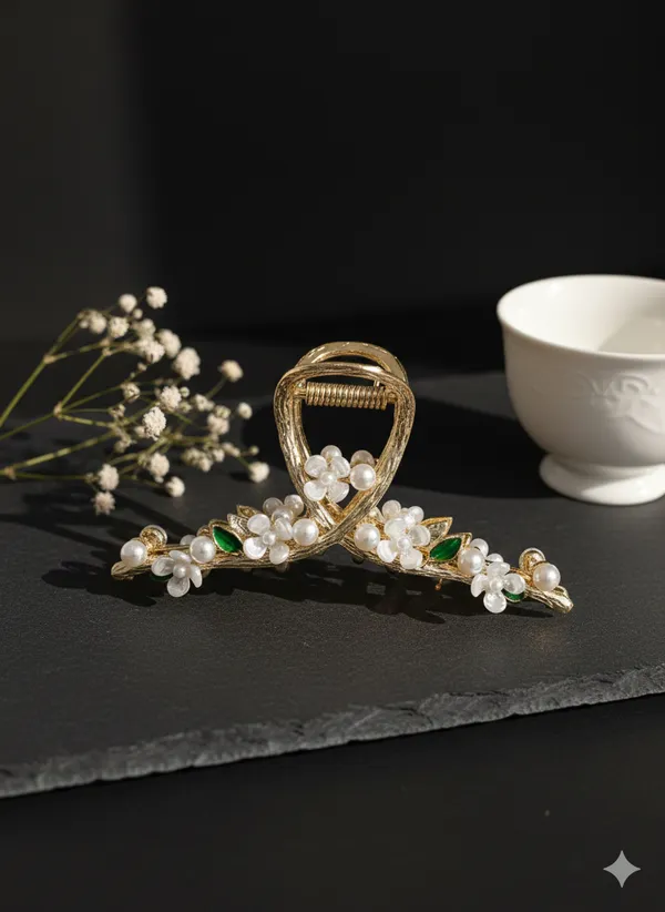 Gold_And_Green_White_Elegant_Toned_Floral_Hair_Claw_Clip_With_Pearl_Stone_Accents_For_Women