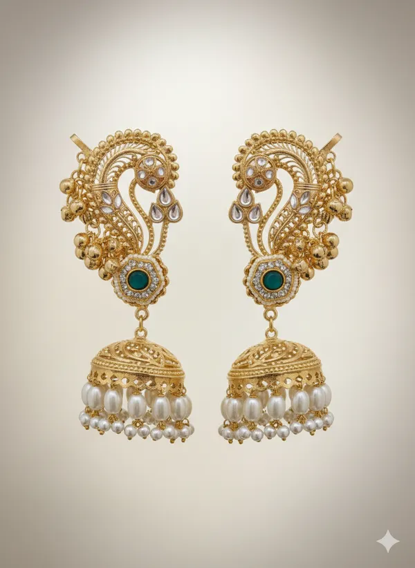 Gold_And_White_Traditional_Plated_Peacock_Design_Pearl_Jhumka_Earrings_For_Women