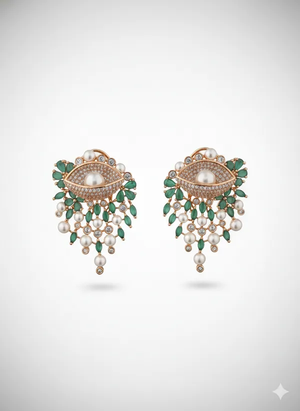 Green_And_White_Elegant_Pearl_Emerald_Eye_Shaped_Chandelier_Earrings_For_Women