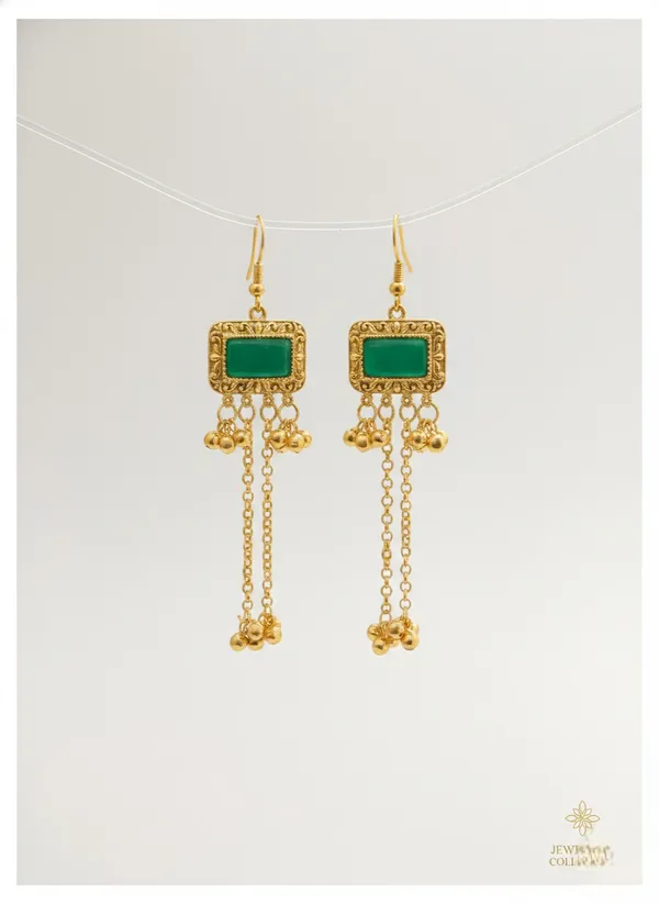 Green_And_Gold_Stone_Plated_Dangling_Earrings_With_Chain_Bell_Details_For_Women