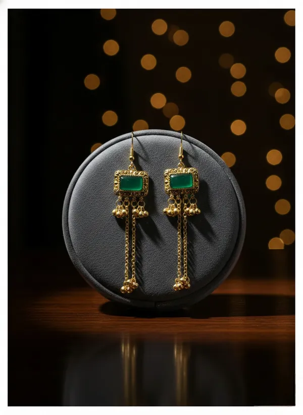 Green_And_Gold_Stone_Plated_Dangling_Earrings_With_Chain_Bell_Details_For_Women