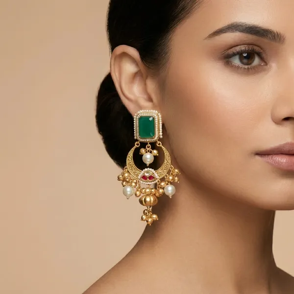 Green_And_Gold_Elegant_Stone_Chandbali_Earrings_With_Pearl_Drops_For_Women