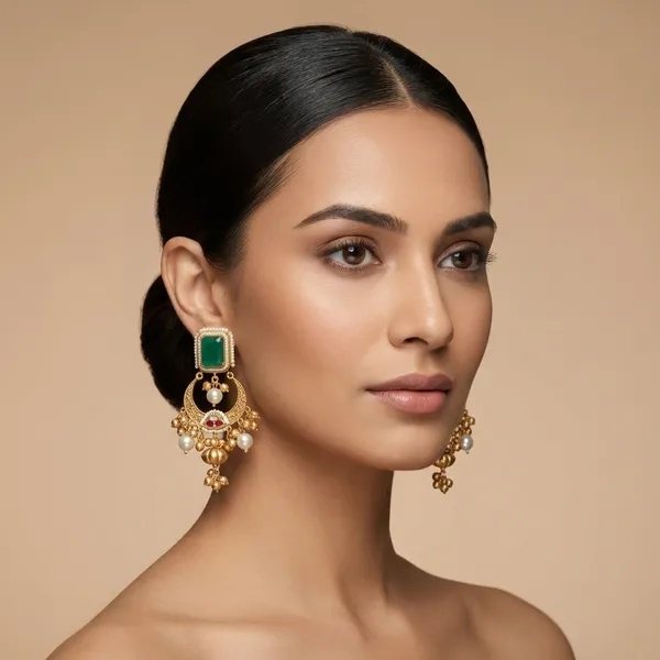 Green_And_Gold_Elegant_Stone_Chandbali_Earrings_With_Pearl_Drops_For_Women
