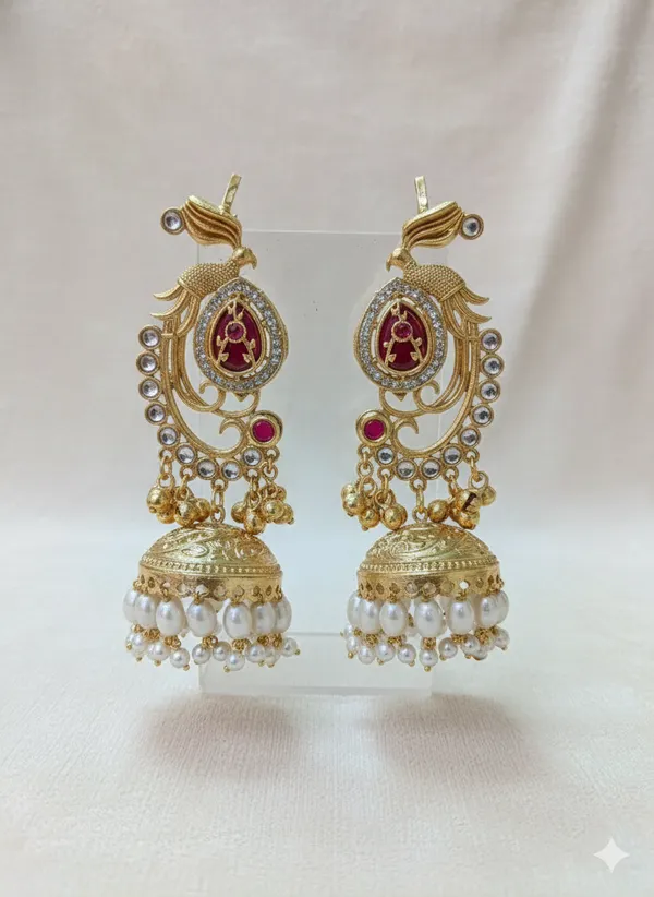 Ruby_And_Gold_Traditional_Plated_Peacock_Jhumka_Earrings_With_Pearls_Stones_For_Women