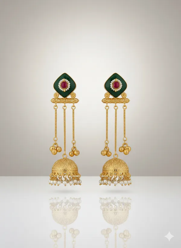 Green_And_Gold_Traditional_Enamel_Jhumka_Earrings_With_Pearl_Drops_Chain_Details_For_Women