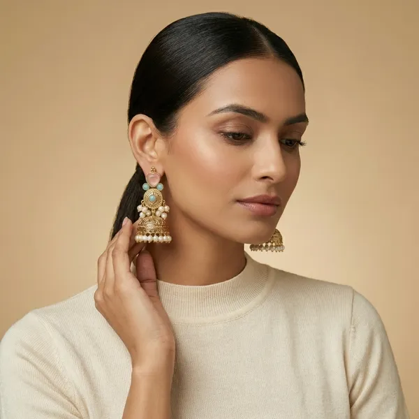 Pink_And_Turquoise_Ethnic_Jhumka_Collection_Stone_Traditional_Gold_Toned_Earrings_With_Pearl_Dangles_For_Women