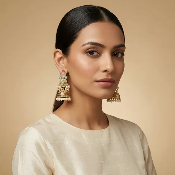 Pink_And_Turquoise_Ethnic_Jhumka_Collection_Stone_Traditional_Gold_Toned_Earrings_With_Pearl_Dangles_For_Women