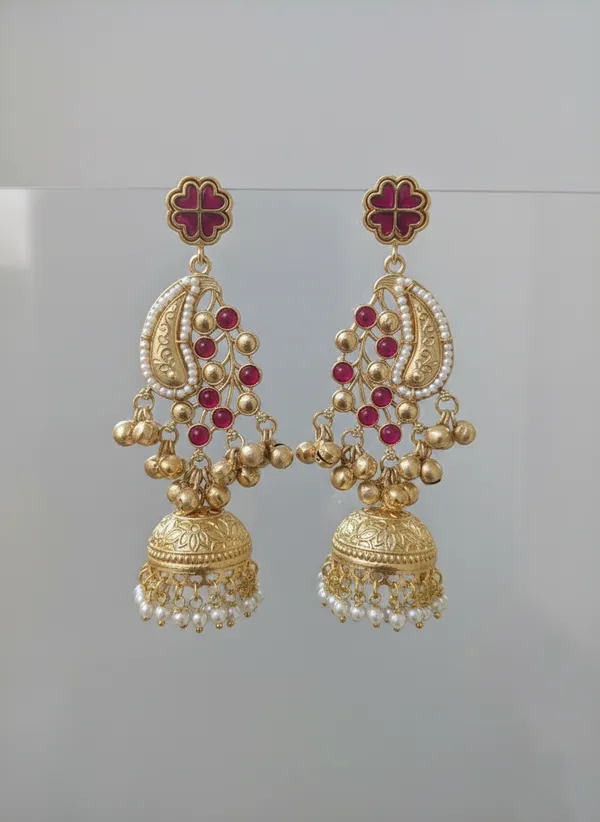 Ruby_And_Gold_Traditional_Plated_Peacock_Jhumka_Earrings_With_Pearl_Detailing_For_Women