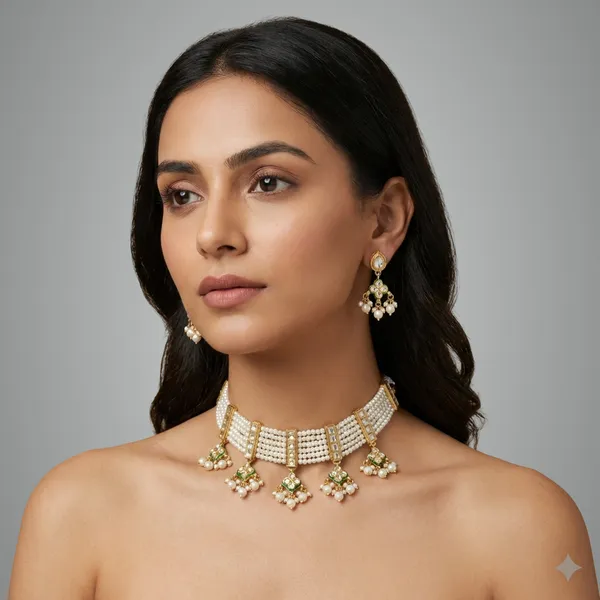 White_And_Gold_Elegant_Pearl_Choker_Necklace_Set_With_Golden_Accents_Matching_Earrings_For_Women