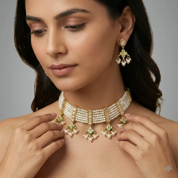 White_And_Gold_Elegant_Pearl_Choker_Necklace_Set_With_Golden_Accents_Matching_Earrings_For_Women