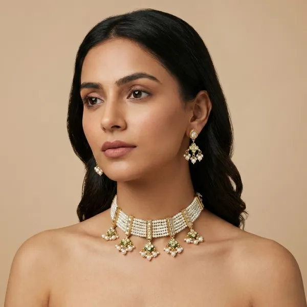 White_And_Gold_Elegant_Pearl_Choker_Necklace_Set_With_Golden_Accents_Matching_Earrings_For_Women
