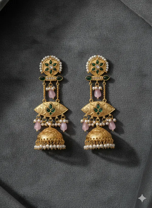 Green_And_Gold_Traditional_Plated_Kundan_Jhumka_Earrings_With_Stones_Pearl_Detailing_For_Women