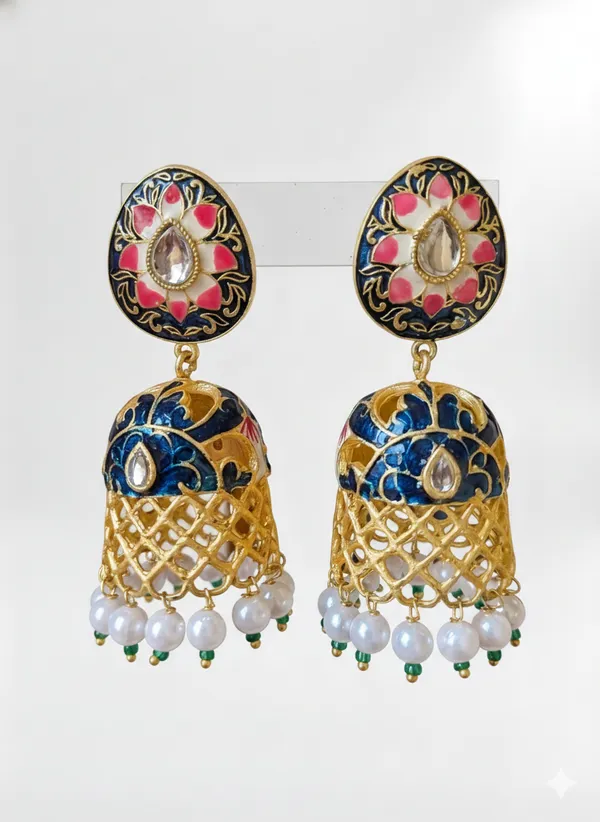 Gold_And_White_Traditional_Toned_Meenakari_Jhumka_Earrings_With_Pearl_Danglers_For_Women