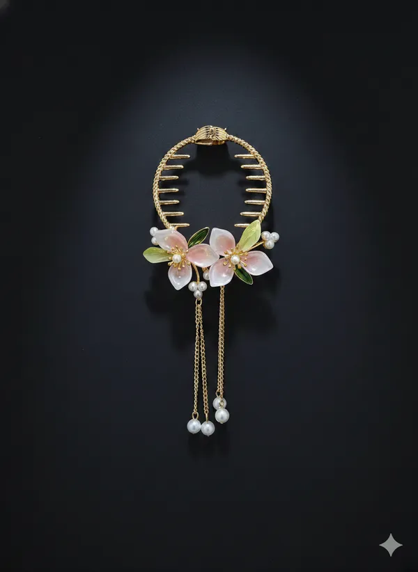 Gold_And_White_Elegant_Floral_Hair_Clip_With_Pearl_Dangles_For_Women