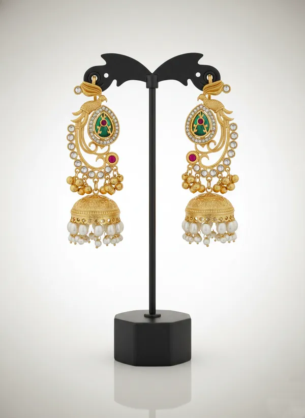 Green_And_Pink_Gold_Traditional_Plated_Peacock_Jhumka_Earrings_With_Stone_Work_For_Women