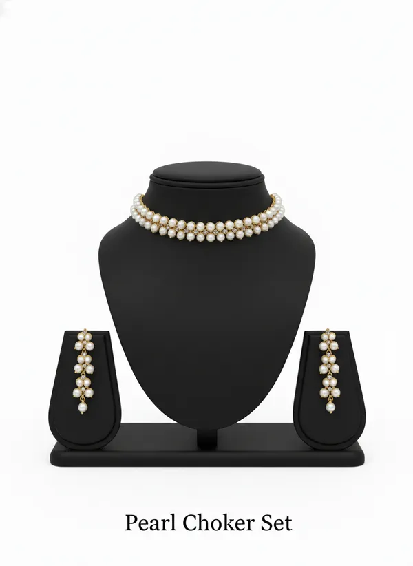 White_And_Gold_Elegant_Pearl_Choker_Necklace_Set_With_Matching_Earrings_For_Women