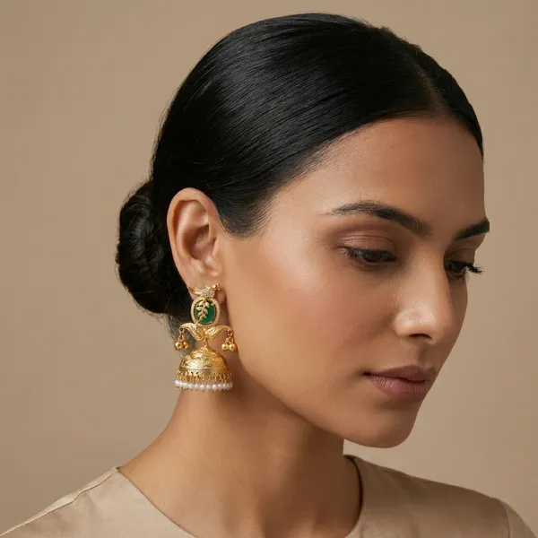 Gold_And_White_Traditional_Toned_Jhumka_Earrings_With_Pearl_Drops_For_Women