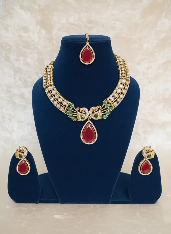 Ruby_And_Gold_Elegant_Kundan_Peacock_Necklace_Set_With_Drops_For_Women