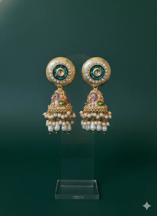 Turquoise_And_Gold_Traditional_Toned_Jhumka_Earrings_With_Stone_Pearl_Drops_For_Women