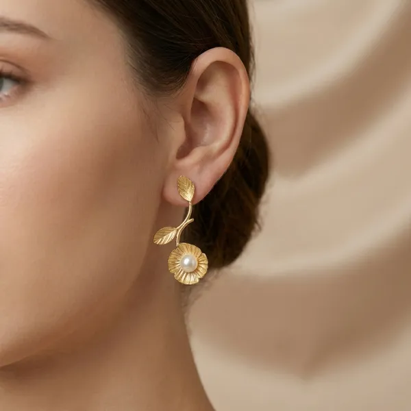 Gold_And_White_Toned_Floral_Pearl_Drop_Earrings_With_Leaf_Design_For_Women