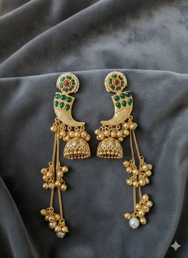 Green_And_Gold_Traditional_Toned_Stone_Jhumka_Earrings_With_Long_Pearl_Chain_Danglers_For_Women