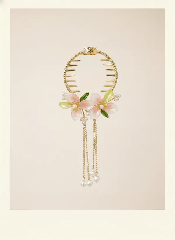 Pink_Floral_Hair_Clip_With_Pearl_Dangles_For_Women