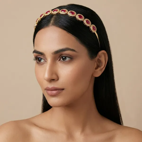 Ruby_Red_Elegant_Stone_Studded_Gold_Plated_Hair_Band_For_Women
