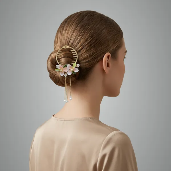 Gold_And_White_Elegant_Floral_Hair_Clip_With_Pearl_Dangles_For_Women