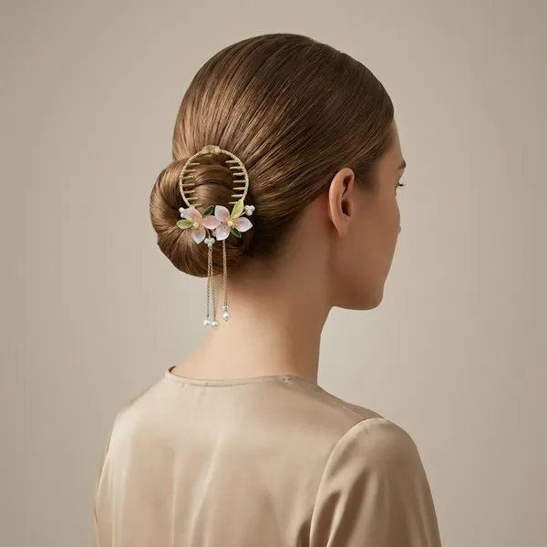 Gold_And_White_Elegant_Floral_Hair_Clip_With_Pearl_Dangles_For_Women