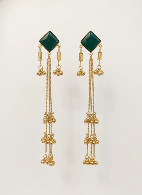 Green_And_Gold_Stone_Drop_Earrings_With_Golden_Chain_Tassels_For_Women