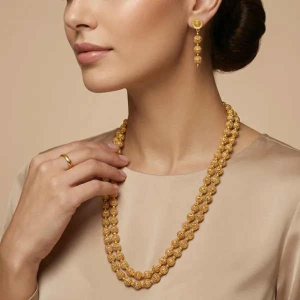 Gold_Golden_Beaded_Double_Layer_Necklace_Set_With_Matching_Earrings_For_Women