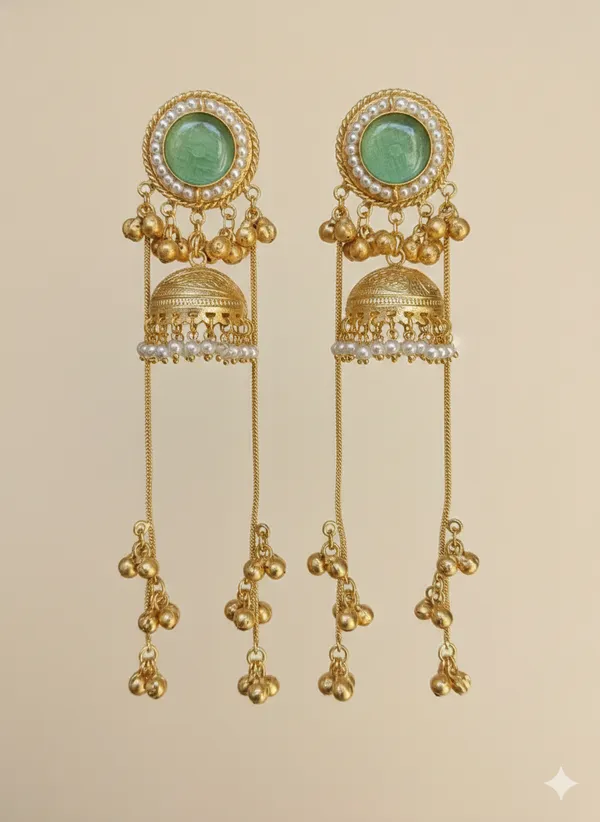 Green_And_Gold_Traditional_Toned_Jhumka_Earrings_With_Stone_Dangling_Chains_For_Women