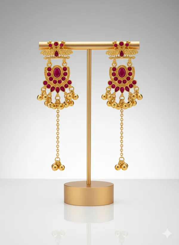 Red_And_Gold_Traditional_Toned_Temple_Earrings_With_Stone_Detailing_Chain_Drops_For_Women