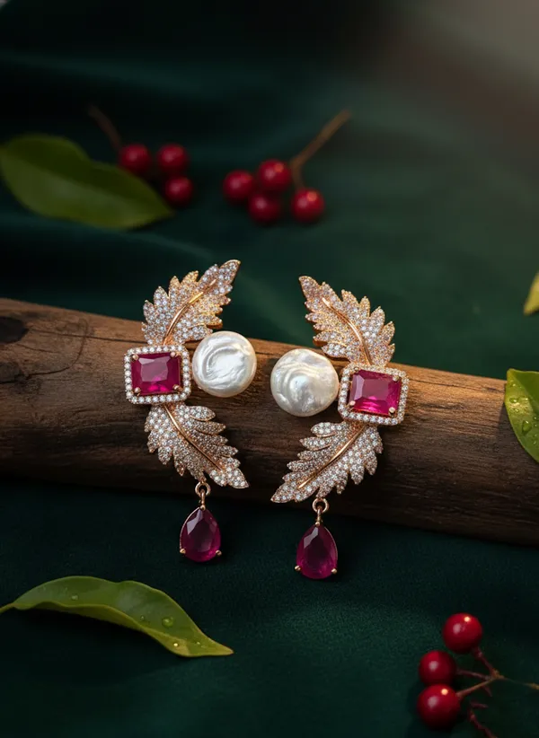 Ruby_And_Gold_Elegant_Stone_Leaf_Design_Earrings_With_Pearl_Drop_Accents_For_Women