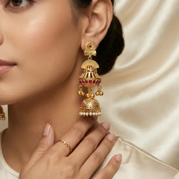 Red_And_Gold_Traditional_Toned_Jhumka_Earrings_With_Stone_Detailing_Pearl_Drops_For_Women
