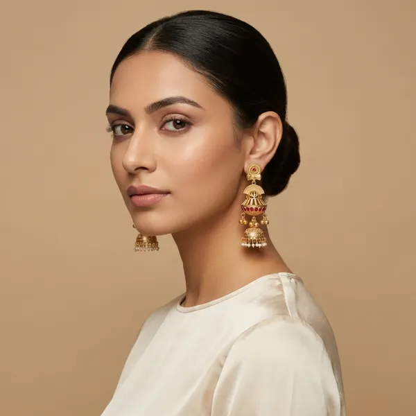 Red_And_Gold_Traditional_Toned_Jhumka_Earrings_With_Stone_Detailing_Pearl_Drops_For_Women