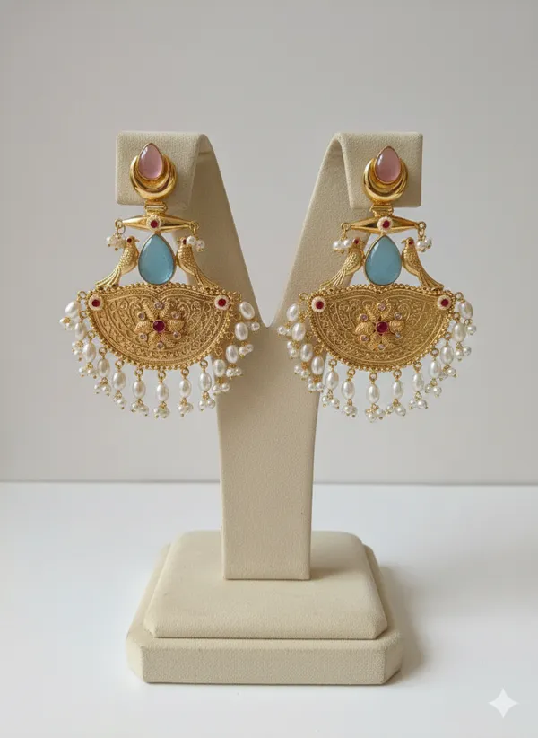 Turquoise_And_Gold_Traditional_Toned_Chandbali_Earrings_With_Stone_Pearl_Detailing_For_Women