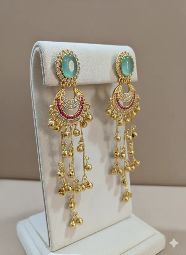 Green_And_Gold_Elegant_Turkish_Style_Dangling_Earrings_With_Stone_Golden_Bells_For_Women