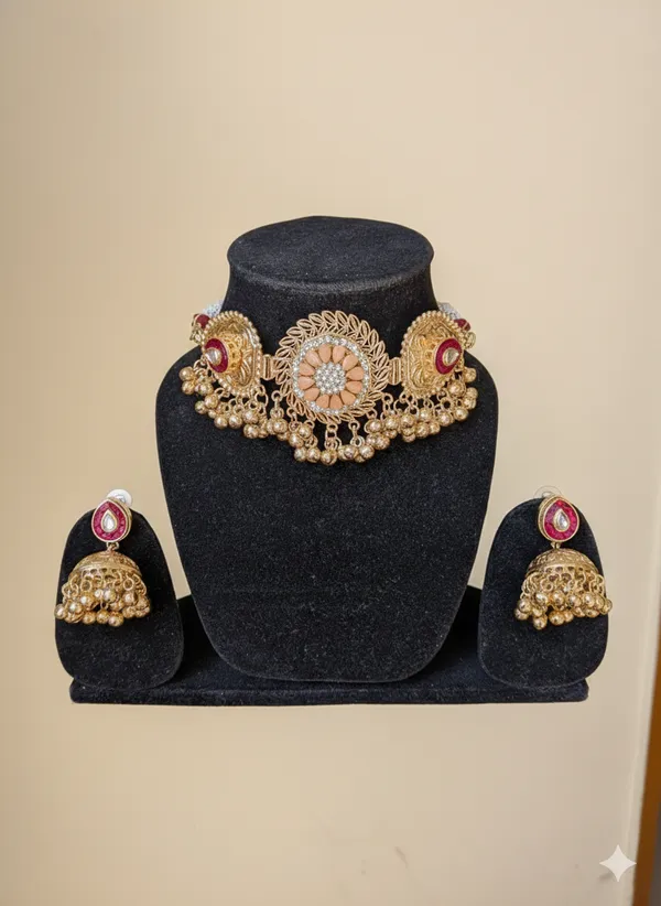 Red_And_Gold_Toned_Kundan_Choker_Necklace_Set_With_Jhumka_Earrings_Stone_Embellished_Bridal_Jewelry_For_Women