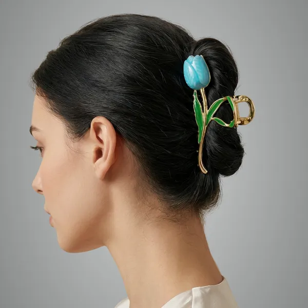 Turquoise_And_Green_Vintage_Gold_Tone_Hair_Claw_Clip_With_Stone_Enamel_For_Women