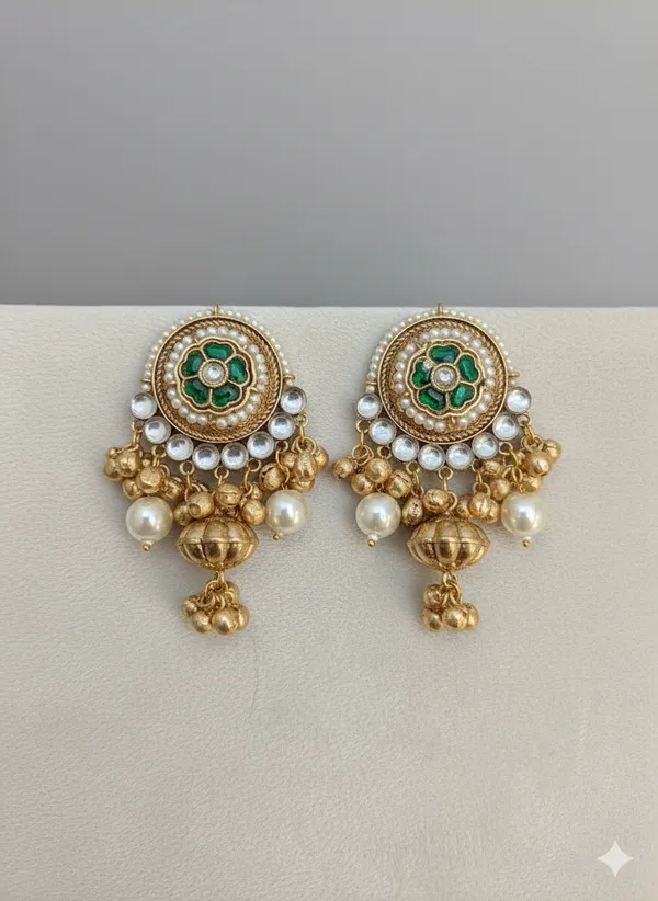Green_And_Gold_Traditional_Toned_Kundan_Pearl_Drop_Earrings_For_Women