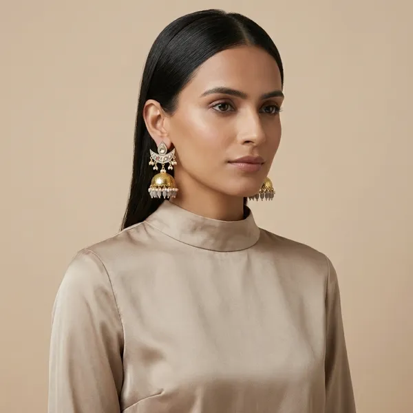 Gold_And_White_Traditional_Toned_Kundan_Jhumka_Earrings_With_Pearl_Bead_Drops_For_Women