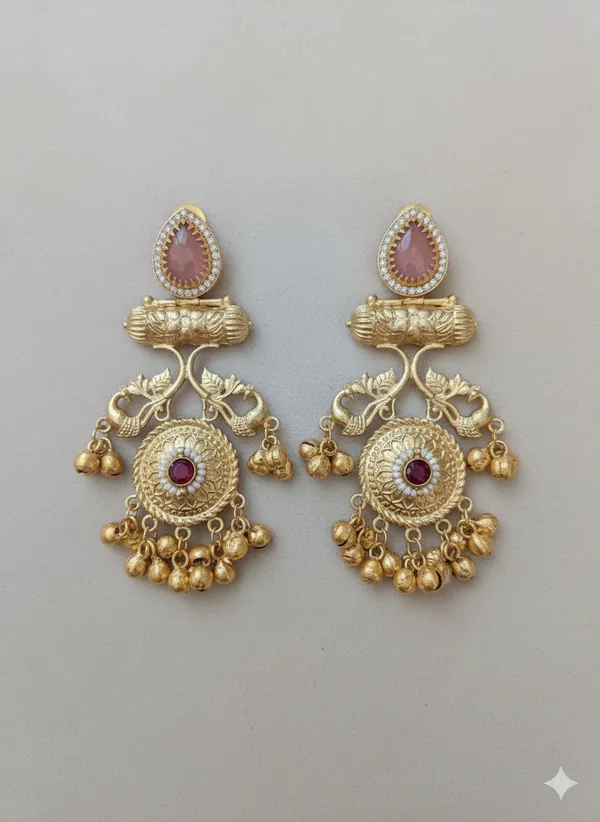 Pink_And_Gold_Traditional_Toned_Peacock_Chandbali_Earrings_With_Stone_Golden_Bead_Drops_For_Women