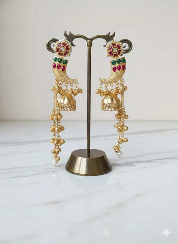 Gold_And_White_Traditional_Toned_Peacock_Jhumka_Earrings_With_Meenakari_Work_Pearl_Chains_For_Women