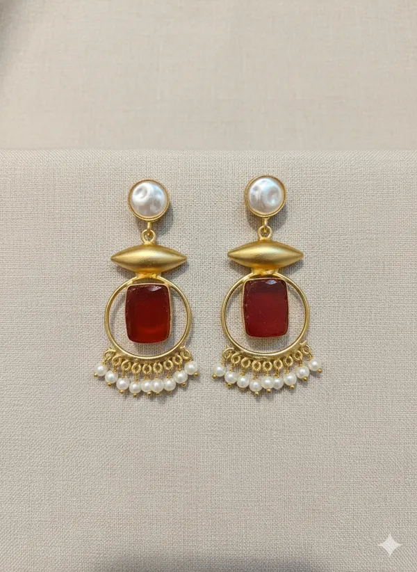 Red_And_Gold_Elegant_Toned_Earrings_With_Stone_Pearl_Accents_For_Women