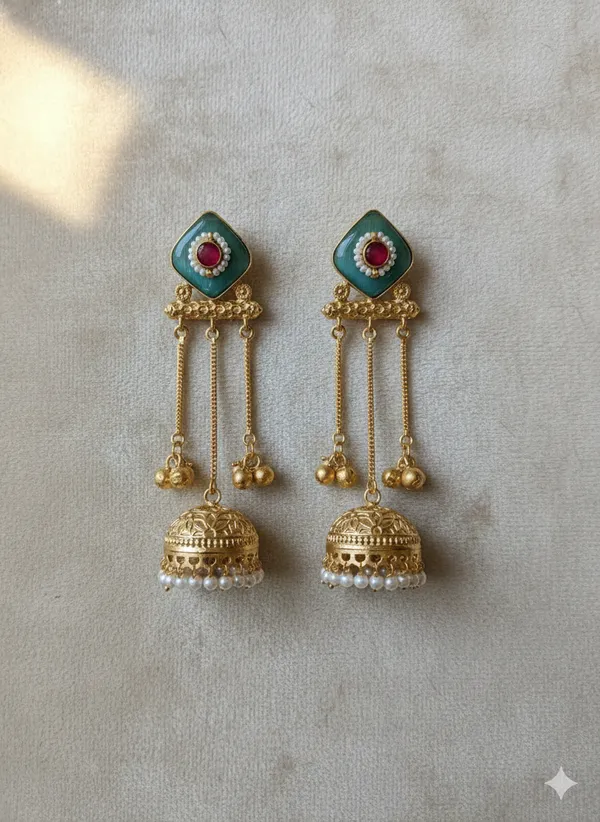 Turquoise_And_Ruby_Traditional_Gold_Plated_Jhumka_Earrings_With_Chain_Danglers_For_Women