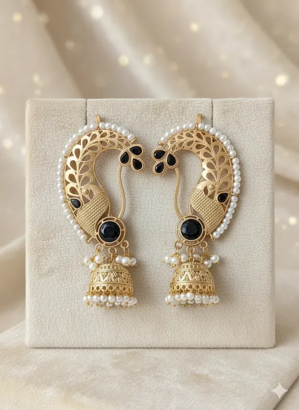 Black_And_Gold_Traditional_Peacock_Design_Plated_Jhumka_Earrings_With_Pearl_Drops_Stone_Accents_For_Women