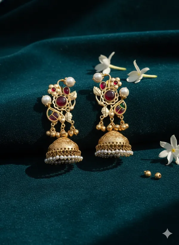 Ruby_And_Gold_Traditional_Plated_Temple_Jhumka_Earrings_With_Pearl_Embellishments_For_Women