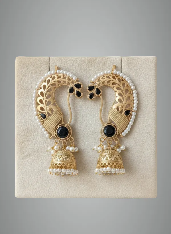 Black_And_Gold_Traditional_Peacock_Design_Plated_Jhumka_Earrings_With_Pearl_Drops_Stone_Accents_For_Women