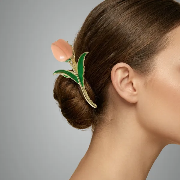 Gold_And_Green_Peach_Golden_Tulip_Hair_Claw_With_Leaf_Stone_For_Women